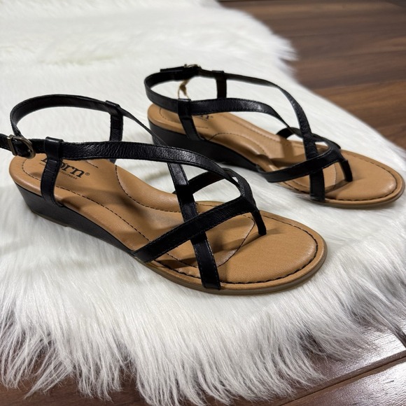 NEW Born Women's Size 7 M Black‎ Leather Sibyl Wedge Comfort Sandals Shoes - Picture 3 of 10
